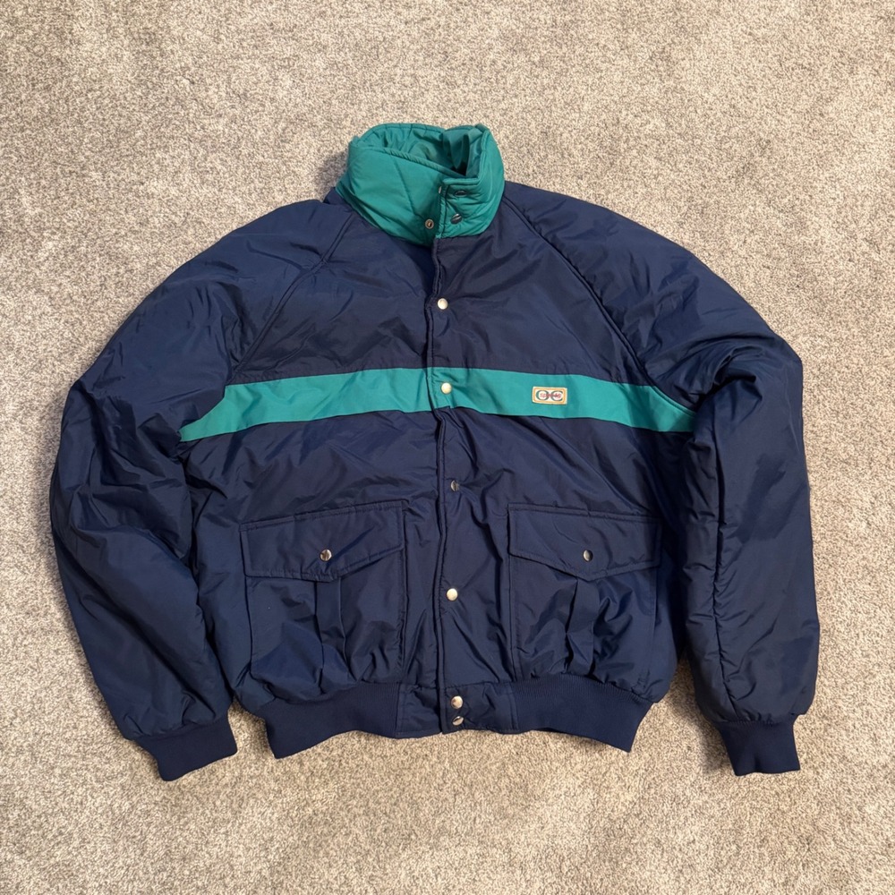 Vintage Outdoor Exchange Navy Teal Puffer Jacket XL Colorblock Bomber Snaps